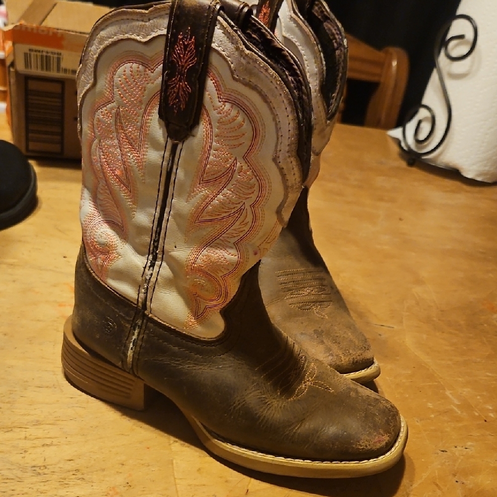 Brown and White Western Boots Pink Orang Red Stitching
